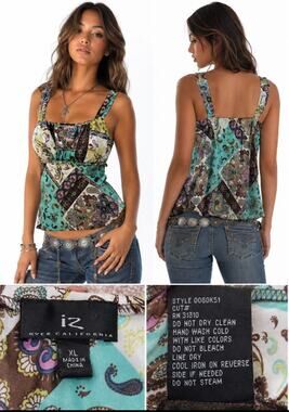 Y2K Indie Boho iZ Byer California Empire Waist Cami Top Sz XL PatchworkPaisley
